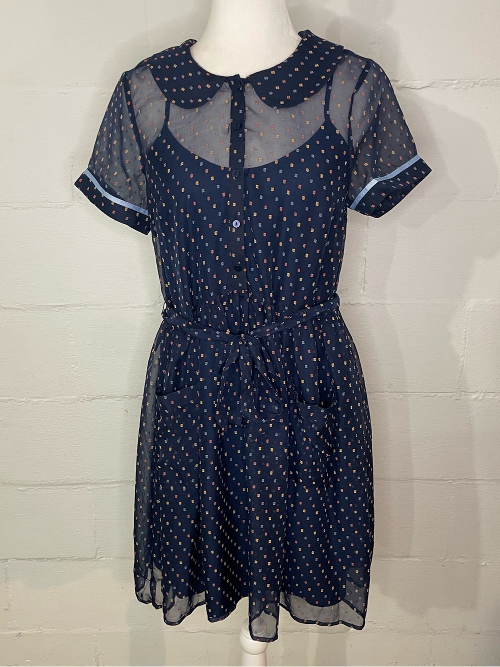 Modcloth Navy Sheer Polka Dot Tie-Waist Dress